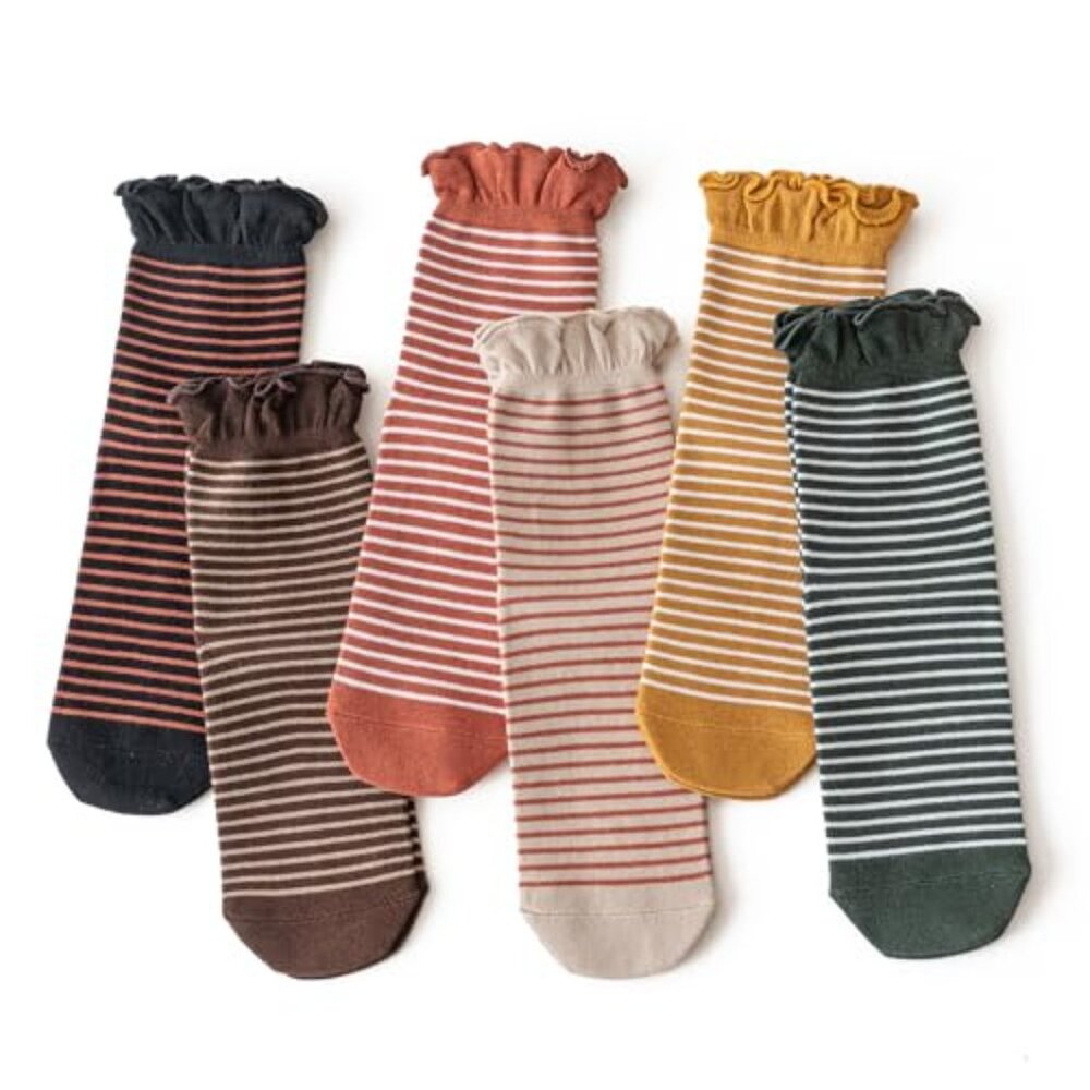 Women Ruffle Socks, Retro Striped Socks,Cotton Cute Ankle Sock for Women